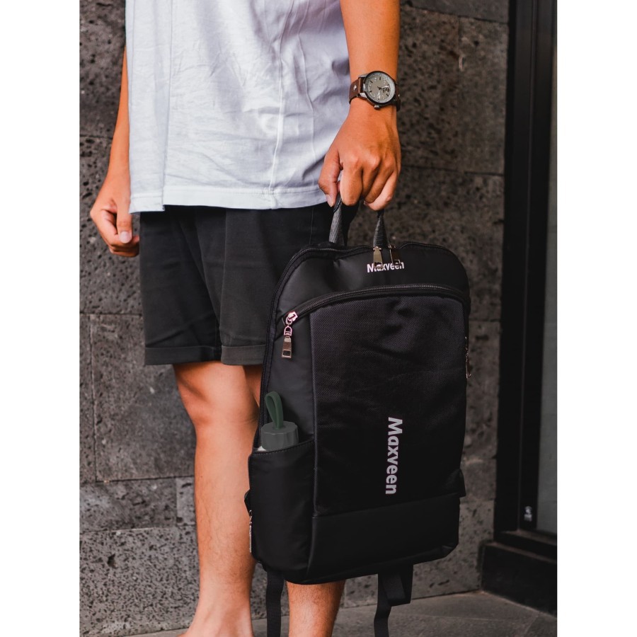 Maxveen Tas Ransel Tertipis ultraslim tas punggung laptop usb backpack