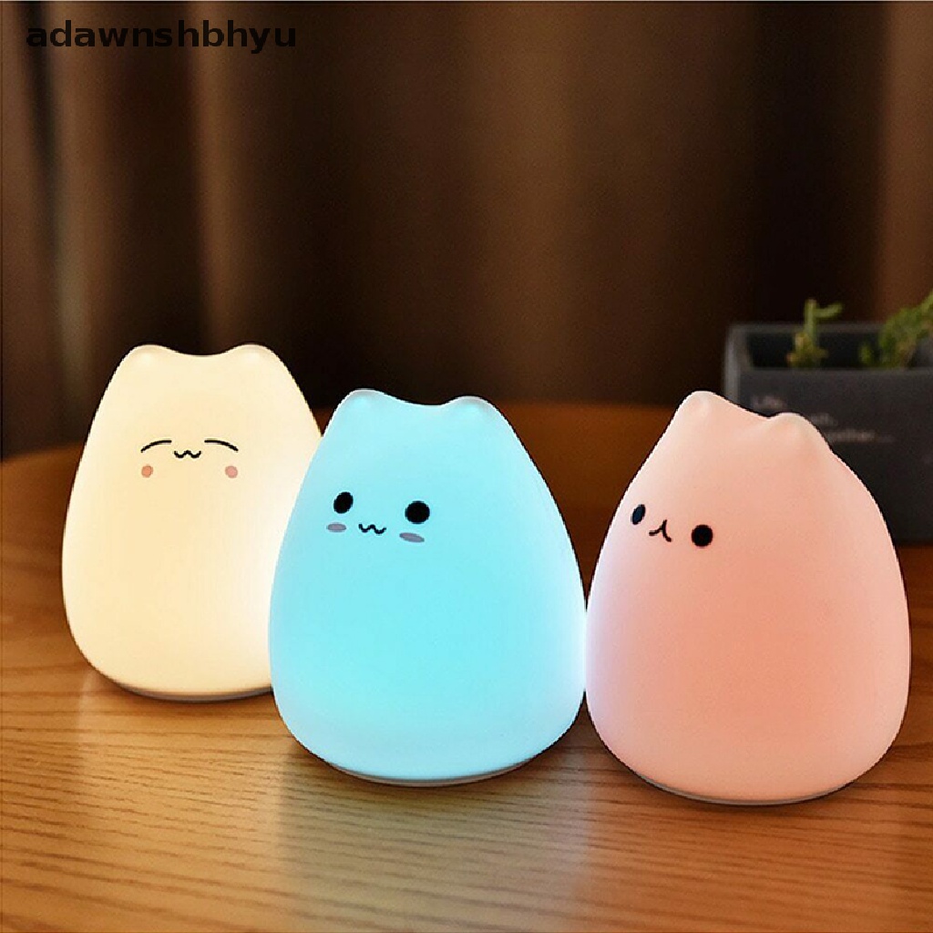 (adawnshbhyu) Lampu Malam LED 7 Warna Bentuk Kucing Lucu Bahan Silikon Dengan Sensor Sentuh