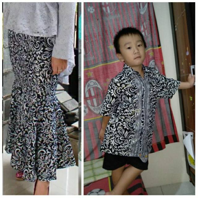 Couple ibu anak cowok rok duyung elisah kombi kemeja anak batik