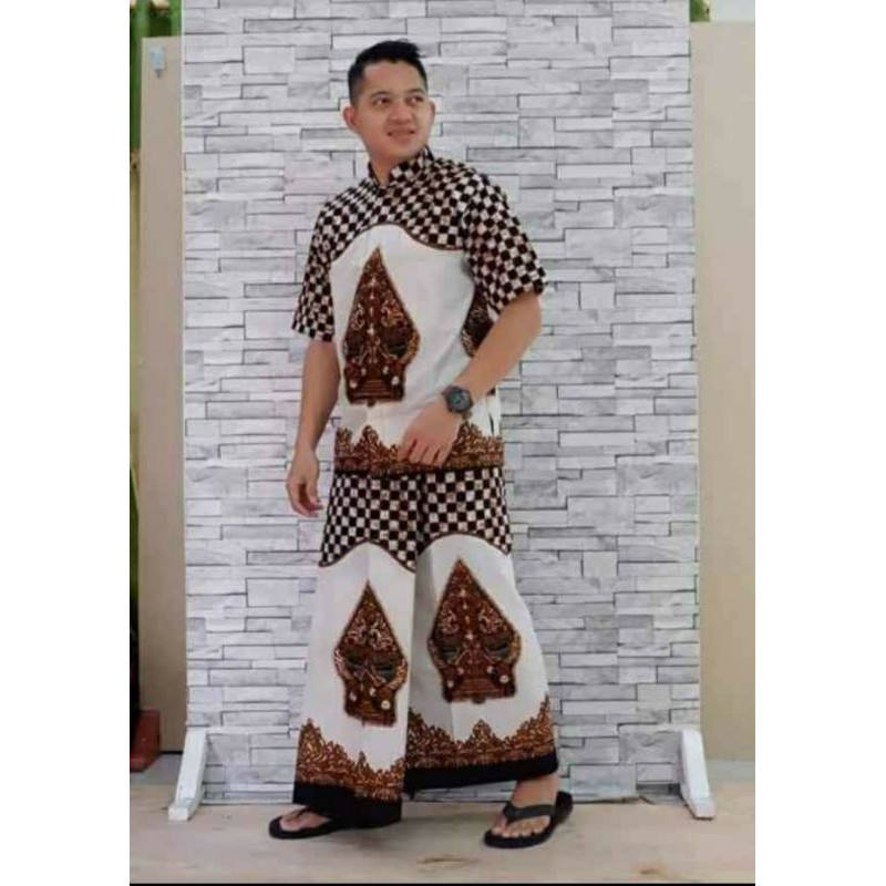 Sarung Setelan Baju Koko Batik Solo Pria Dewasa Gunungan Sogan Putih