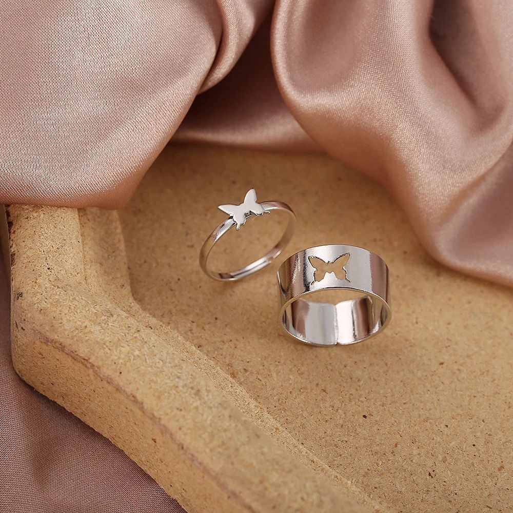 MXBEAUTY 2pcs/set Butterfly Couple Rings Men Fashion Jewelry Open Rings Set Heart Moon shape Dolphin Five-pointed star Adjustable Simple Bow/Multicolor