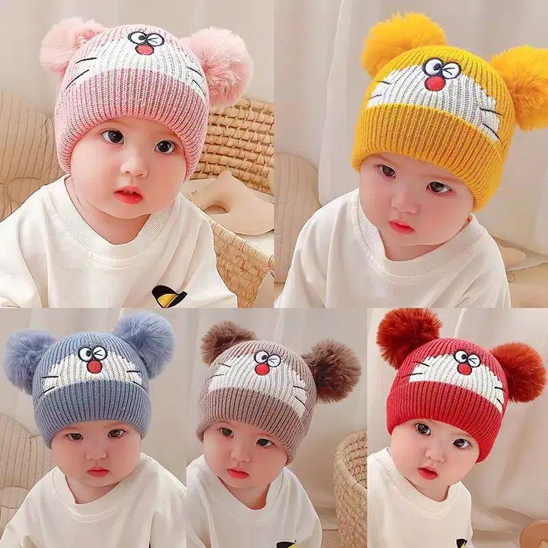 Topi Kupluk Wol Pompom Bayi Baru Lahir Doraemon