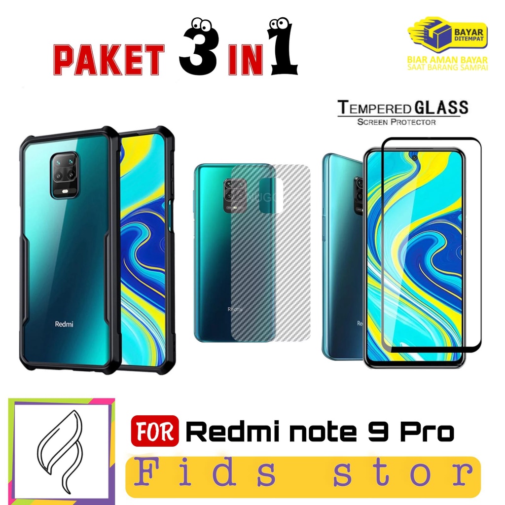 PROMO 3in1 Case Shockproof XIAOMI Redmi Note 9 Pro | Redmi Note 9 Tempered Glass Layar Free Garskin