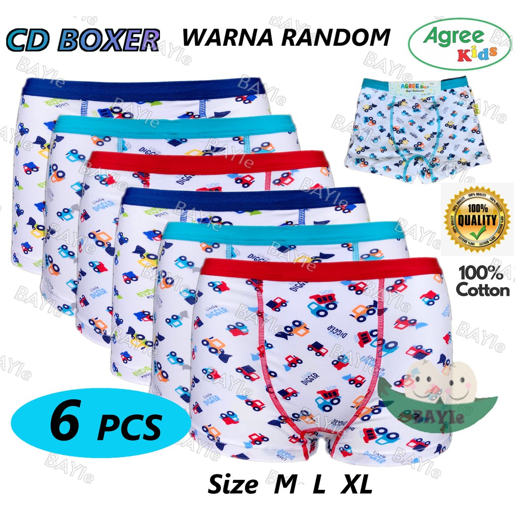 BAYIe - 6 PCS Celana Dalam / CD Anak Laki-laki Cowok BOXER AGREE KIDS 6166 Motif RANDOM/ Kid's Underwear Size M L XL