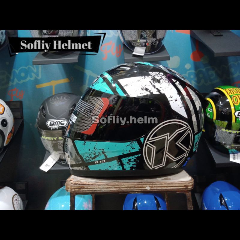 HELM KYT R10 SERI 3 BLACK BLUE AQUA SMOKE KYT HELM R-10 FULL FACE