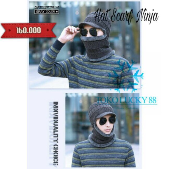 IMPORT Topi Syal bulu Ninja Winter Musim Dingin Rajut Wool Infinity