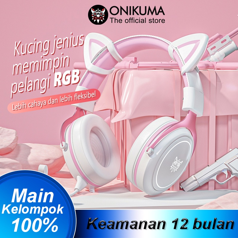 ONIKUMA X10 Pink Cute Cat Ears RGB Head-Mounted PC Gaming Headset RGB Earphone Pembatalan Kebisingan Headphone Gaming