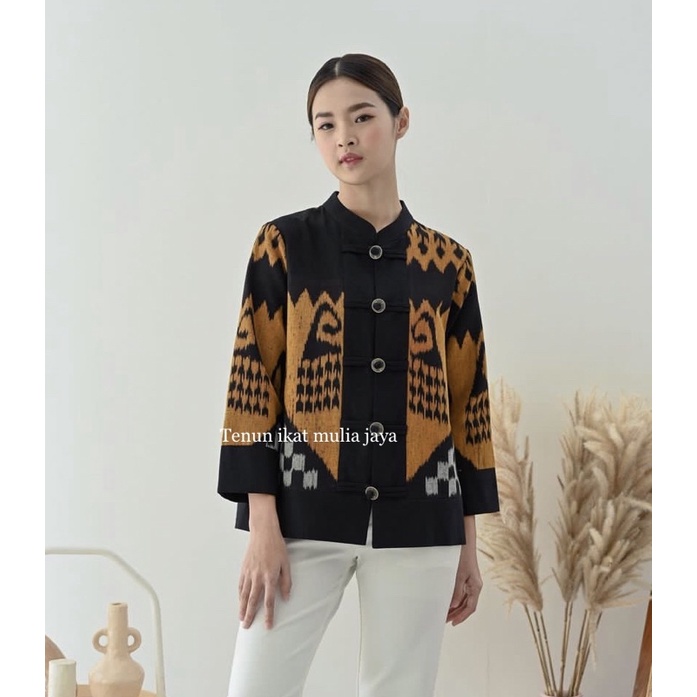 blouse kancing koin kerah shanghai atasan wanita batik tenun motif lombok kuning