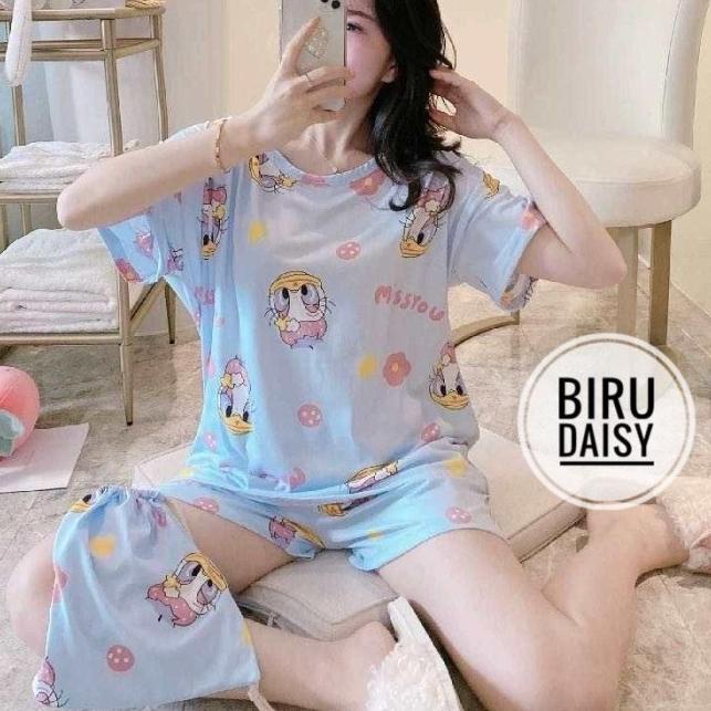 ♡ BAJU TIDUR WANITA / BAJU TIDUR DEWASA / BAJU TIDUR KAOS CELANA PENDEK - DAISY BIRU ✪