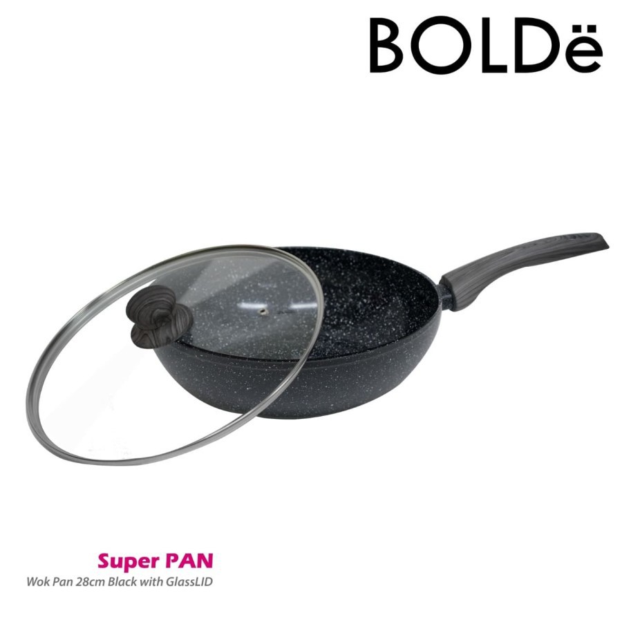 Wok Pan Bolde Super Pan Granit 28CM + Lid Black Dark Knight Tutup Kaca