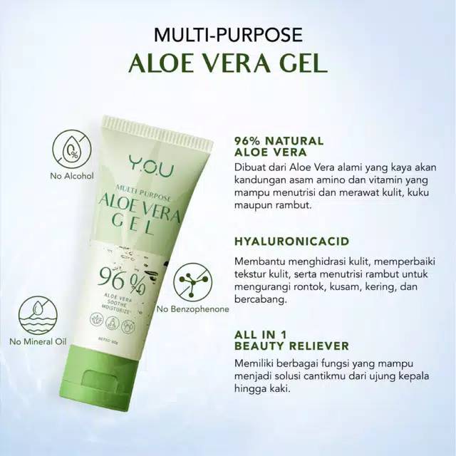 ⭐BAGUS⭐ Y.O.U MULTI PURPOSE ALOE VERA GEL 96% / YOU GEL ALOE VERA MULTIFUNGSI (60GR)