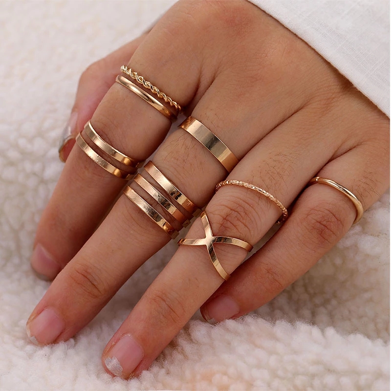 8 / 10 / 15pcs / Set Cincin Gaya Punk Bohemian Bentuk Geometri Bahan Metal Untuk Perhiasan Pesta Pernikahan