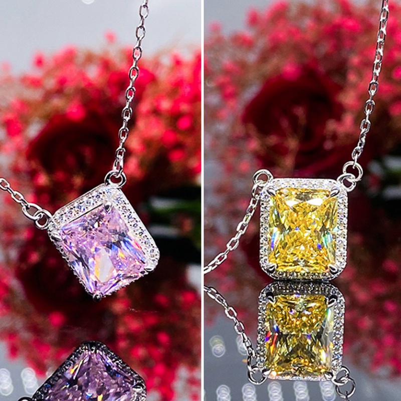 Kalung Liontin Bentuk Kotak Bahan Cubic Zirconia Warna Pink / Kuning Untuk Wanita