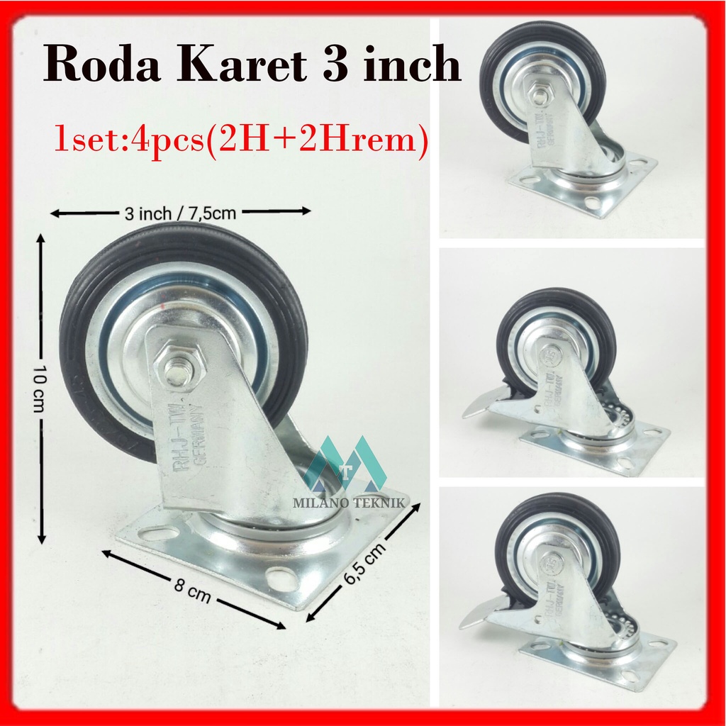 Roda Troli 3&quot; (2 Hidup Rem + 2 Hidup) Roda Karet Etalase Gerobak 3inch