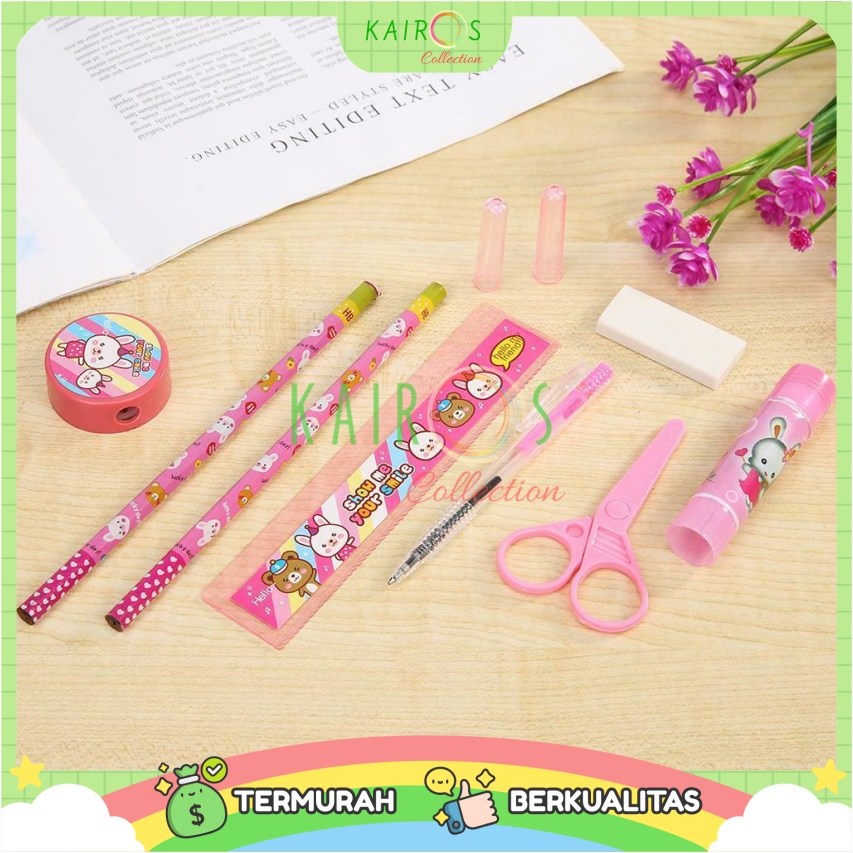 Paket alat tulis 9in1 set karakter Lengkap Stationery Gunting Lem