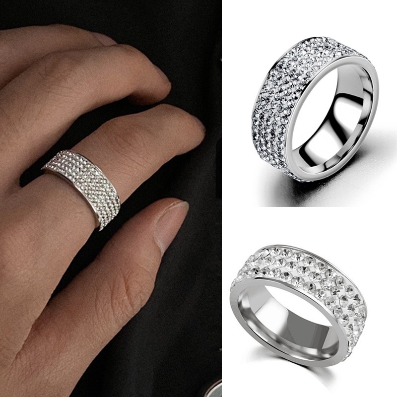 Cincin Silver Bahan Titanium Hias Batu Sparkling Gaya Korea Untuk Pria Dan Wanita