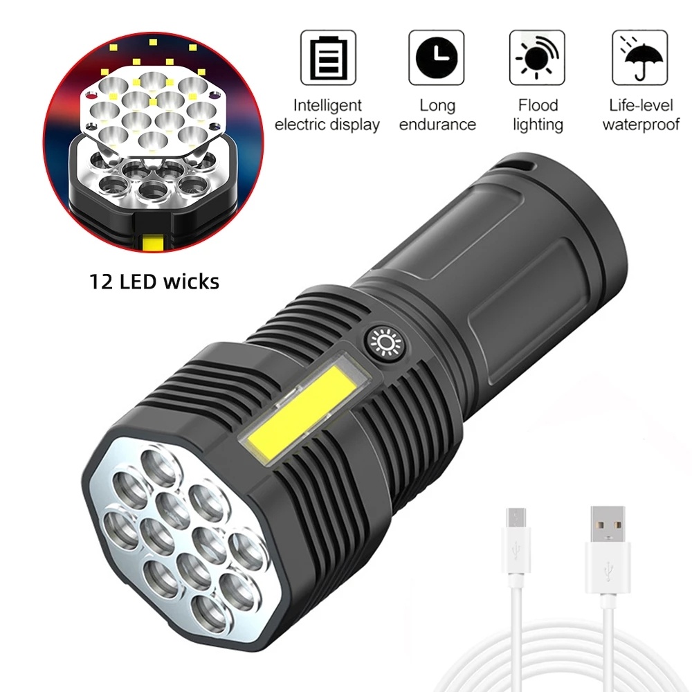Lampu Senter 12 Led 4 Mode Super Terang Anti Air Charge USB Untuk Camping