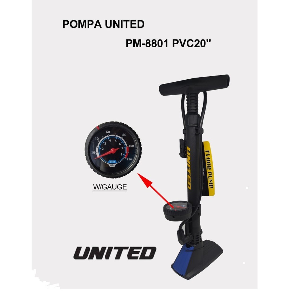 POMPA SEPEDA UNITED  8801 PM8801 POMPA FLOOR METERAN 120PSI PVC20 WITH GAUGE 8800 01