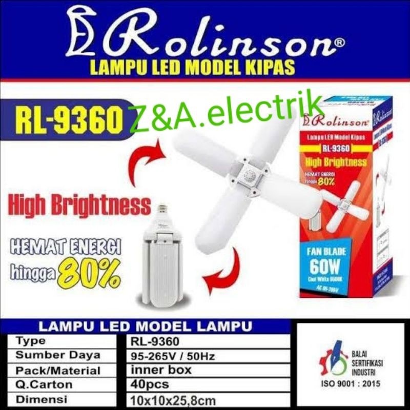 Lampu Bohlam LED 60watt Model Kipas 4 Daun RL-9360 ROLINSON