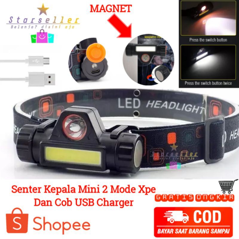 Mall Senter Kepala LED Cas XPE Dan COB Mini Super Terang Senter Rechargeable Q5 + COB LE022