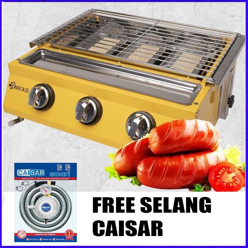 Kompor Panggang Sosis BBQ 3 Tungku Roaster Gas Griller OMICKO LR 3Q B FREE Selang Paket Caisar