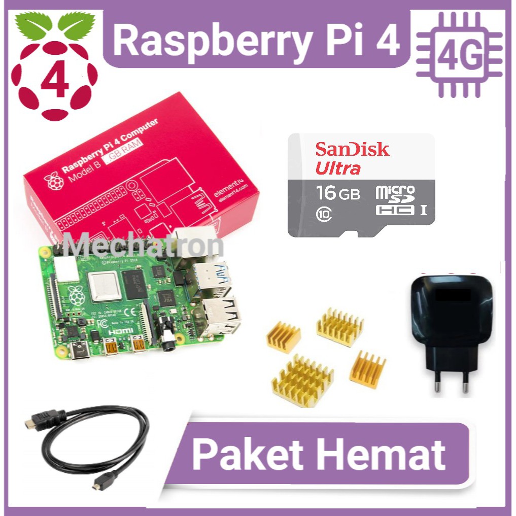 RB22 Raspberry Pi 4 model B 4GB Paket Hemat Siap Pakai Made in UK Pi4 Pi4B