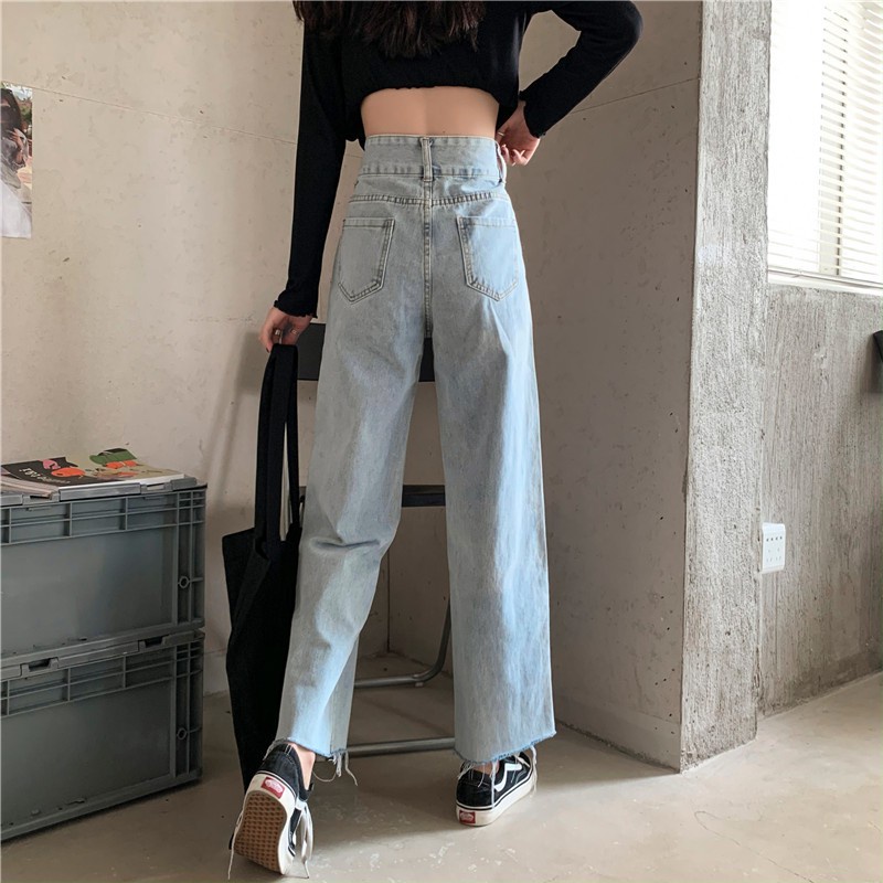 [chaoo.id]Jeans Retro Wanita Gaya Korea Celana Longgar Pinggang Tinggi