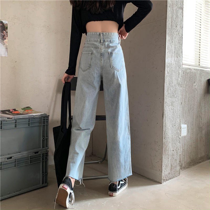 [chaoo.id]Celana Jeans Lurus Retro Korea Wanita Longgar Kaki Lebar Pinggang TinggiJeans pinggang tinggi longgar kasual berkaki lurus wanita celana