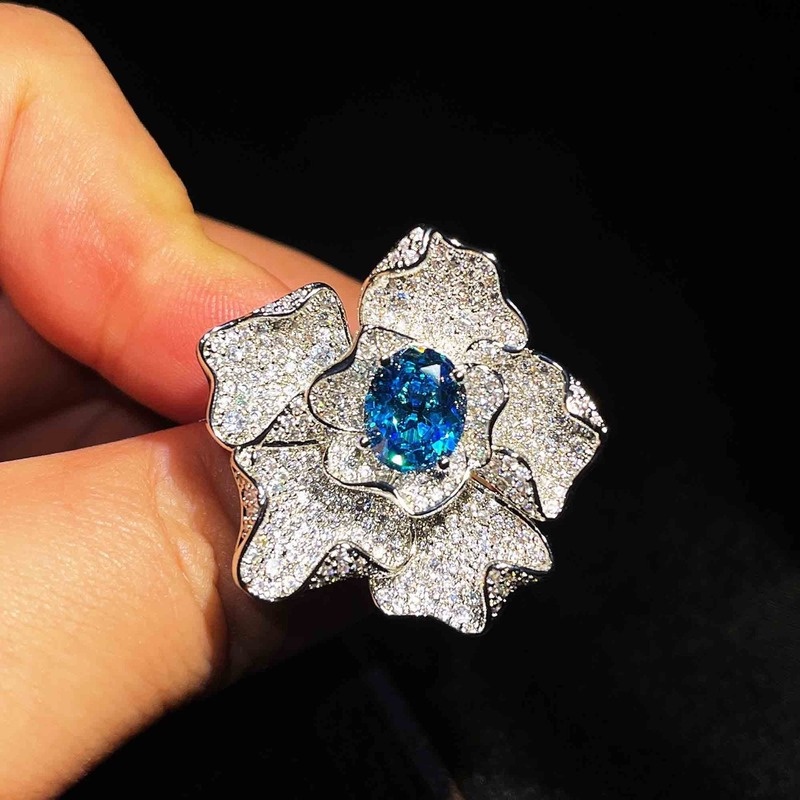 Premium Custom Luxury Full Diamond Sea Blue Moissanite Ring