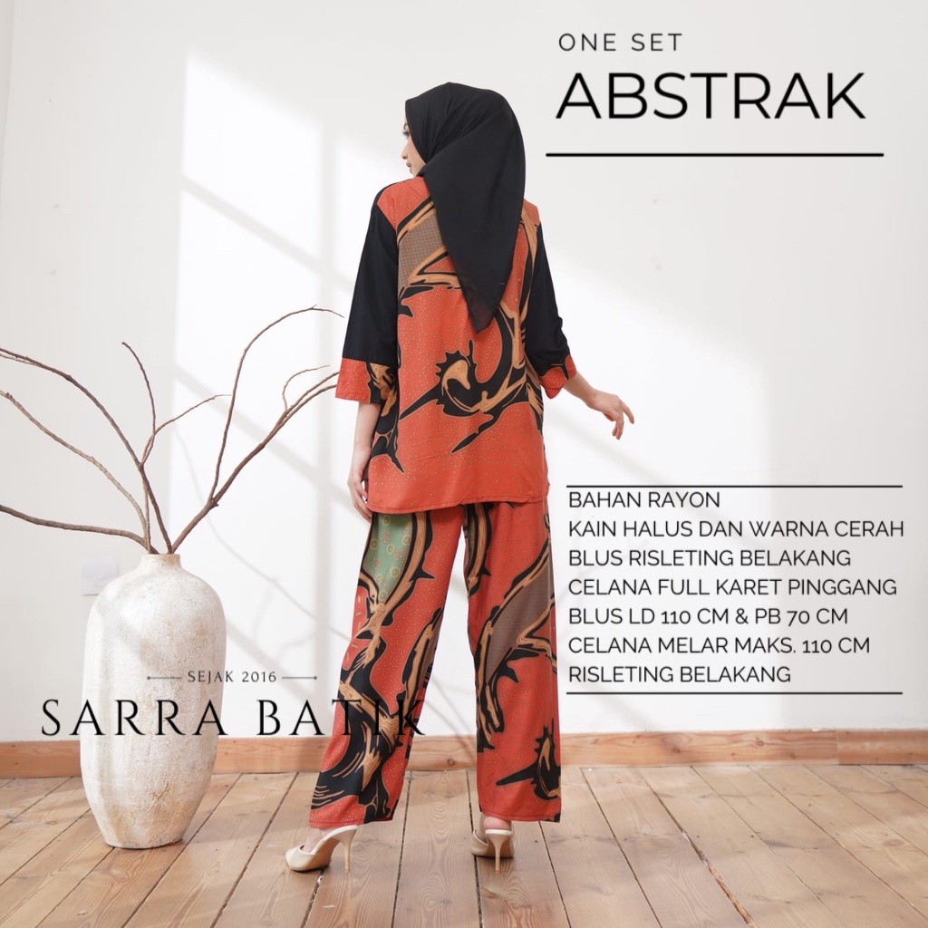 One Set Abstrak Batik Rayon Warna Setcel Blus Celana Setelan Muslim Panjang Kantor Kasual Modern Pesta Kondangan Kantor Kerja