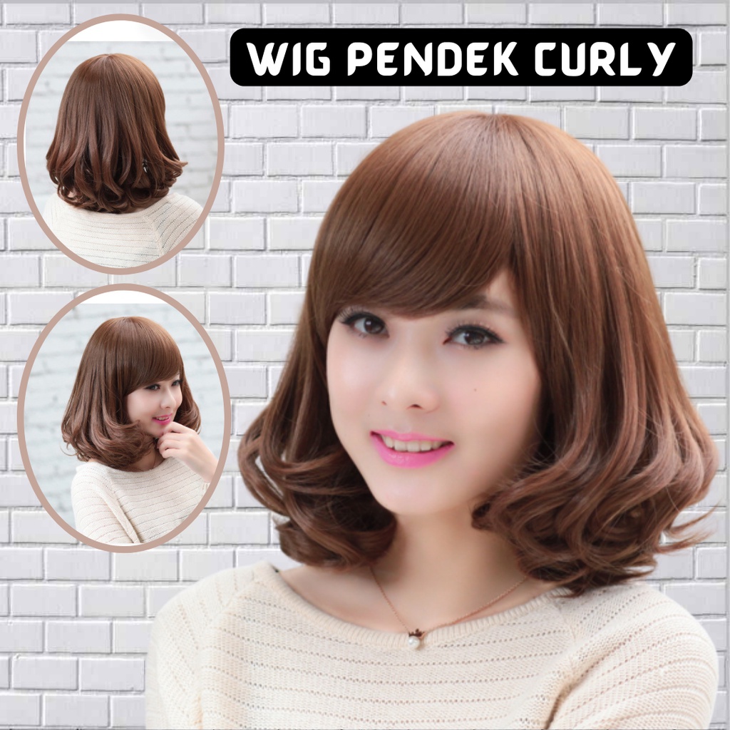 Wig Rambut Dewasa Full Lace Pendek Bergelombang / Short Hair Extension Curly Poni Depan Rambut Palsu Natural C4 F697