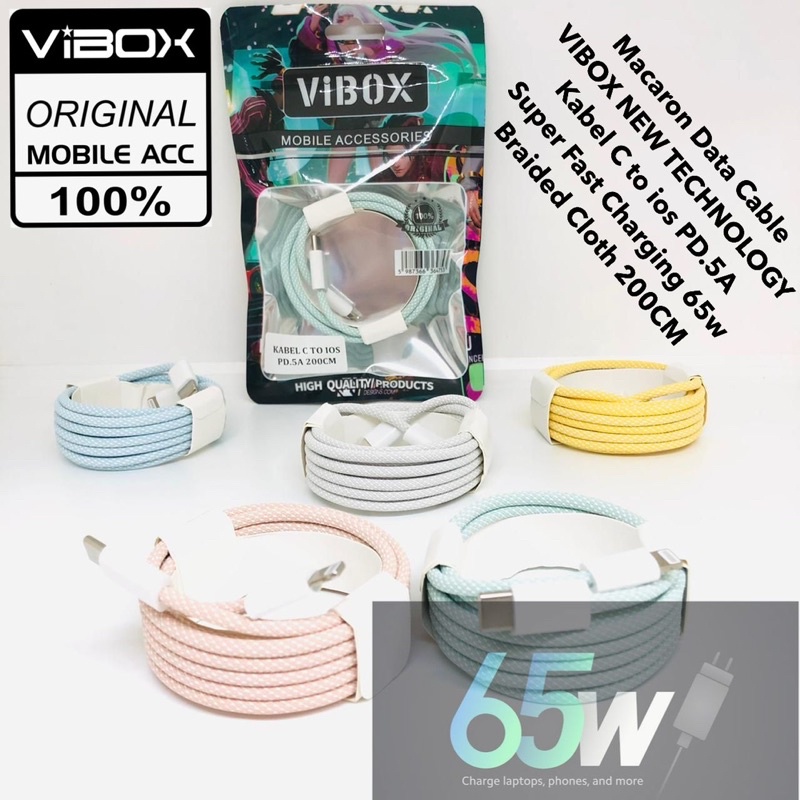 Macaron Data Cable Vibox Kabel C to ios PD.5A Super Fast Charging 65w  Braided Cloth 200CM Promo Sen