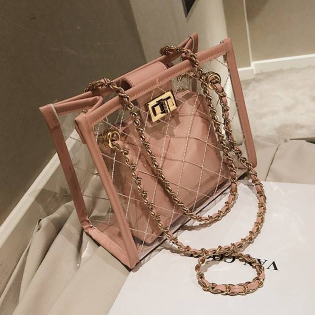 TUGUFAMILY - FLASH SALE - TAS TRANSPARAN SELEMPANG HANDBAG PVC 2 IN 1 TRANSPARAN UNTUK WANITA | TAS MIKA | TAS HITAM | TAS PUTIH | TAS PINK EDISI TAS TRANSPARAN TERBARU