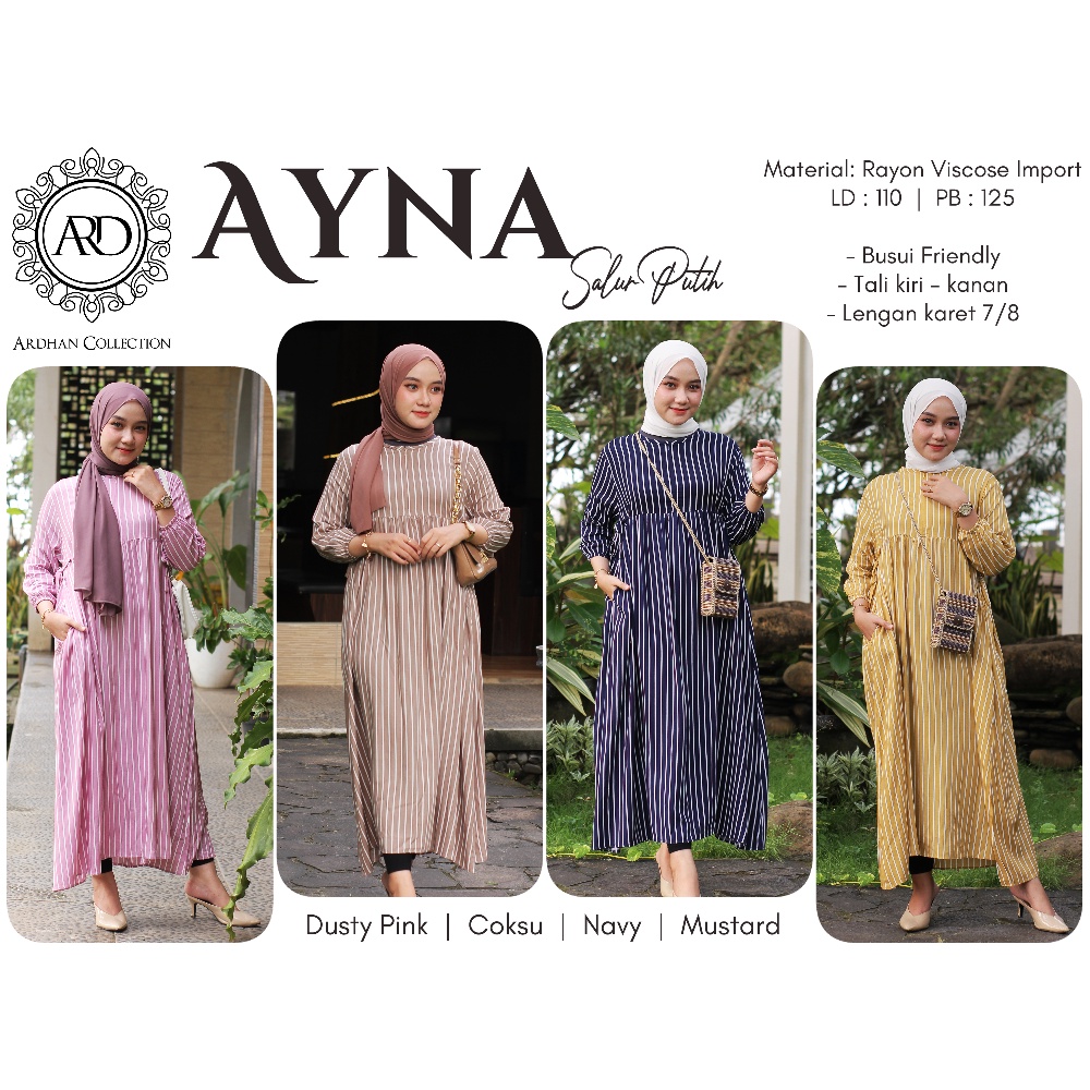 [ARDHANFASHION.ID] AYNA SALUR PUTIH-  Casual Daily Dress Gamis Long Tunik Motif Garis Vertikal Bahan