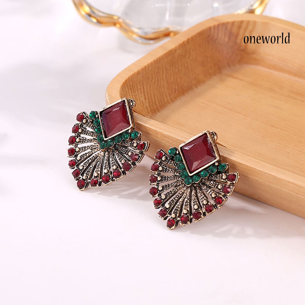 OW@ Women Vintage Ethnic Style Rhinestone Earrings Fan-Shaped Bohemian Ear Stud Gift