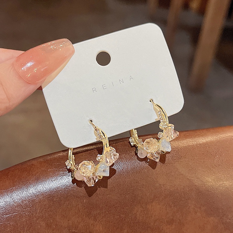 Anting Hoop Desain Bunga Kristal Bahan 925 silver needle Untuk Wanita