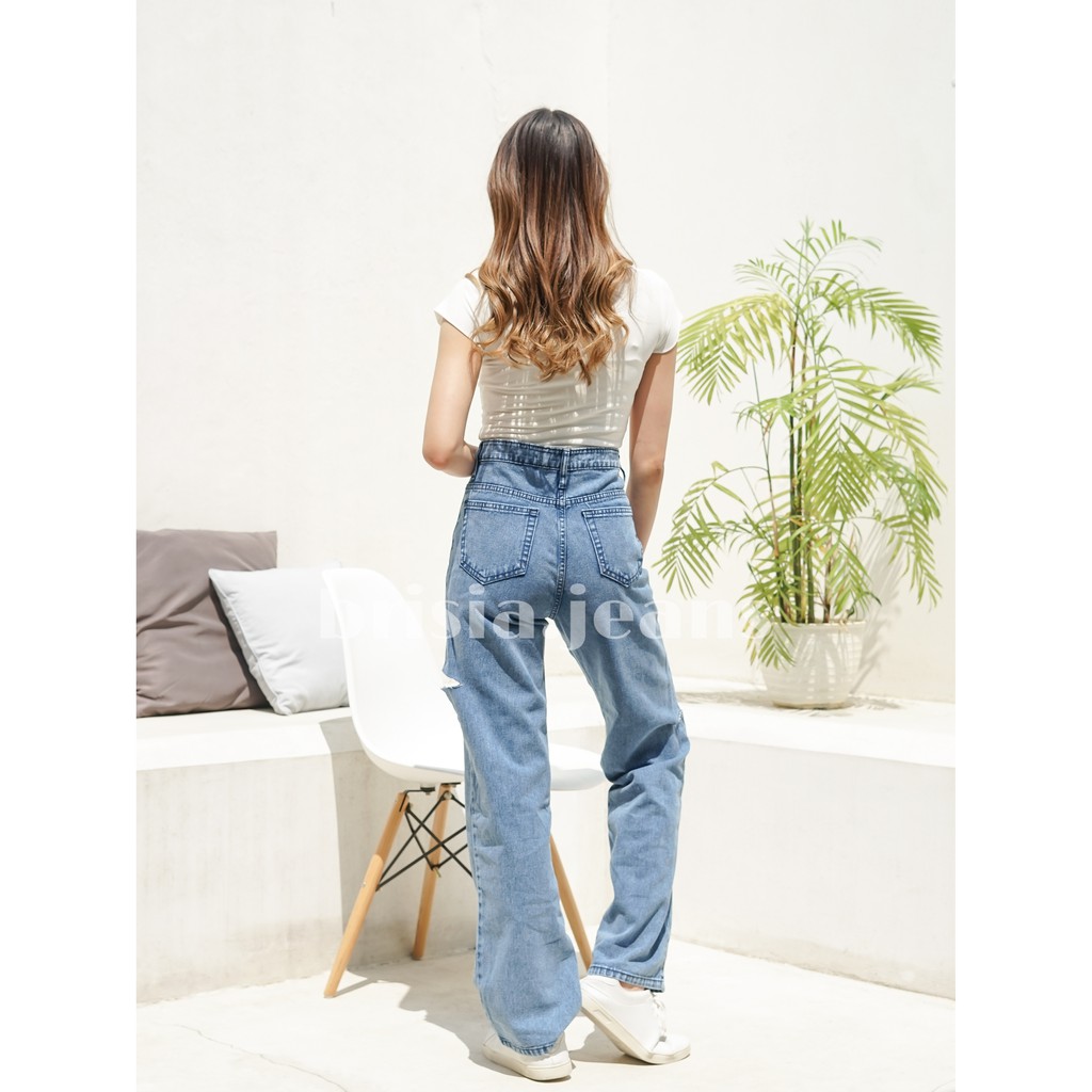 BRISIA JEANS - MIDO Boyfriend Jeans (Cut Side) Highwaist - Snow Blue Size 27-38 / Loose Jeans Ripped