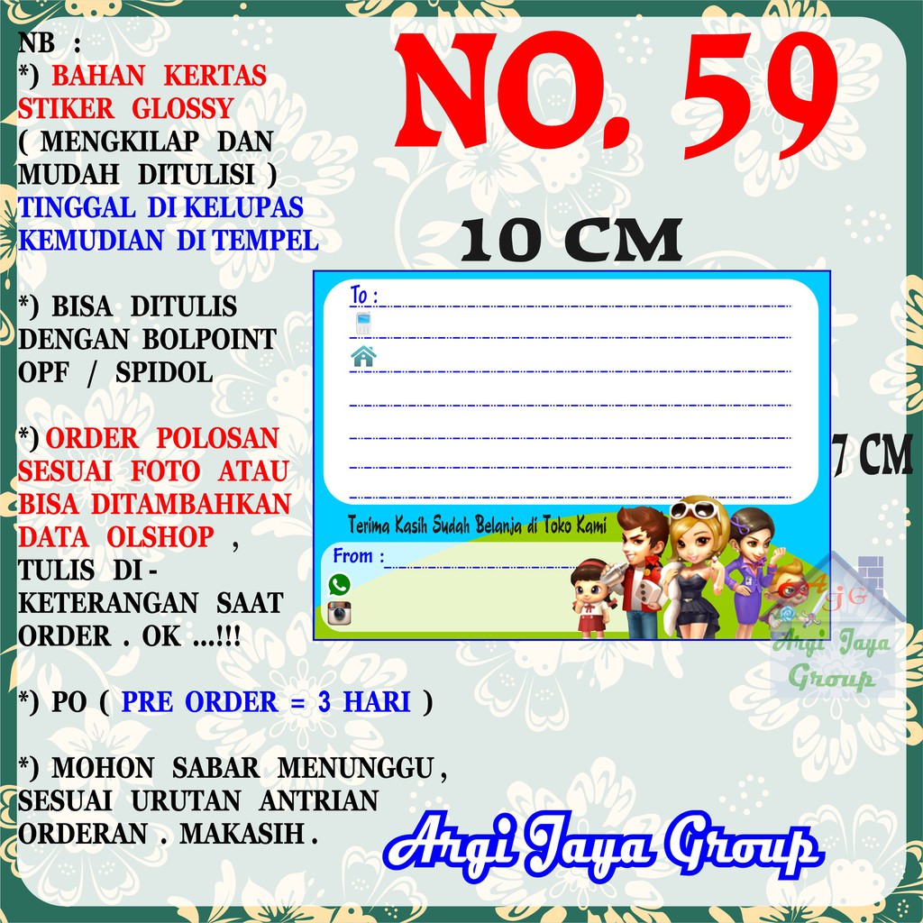 

Stiker Pengiriman - Sticker Alamat Olshop Murah Nomer 59 - 10x7 cm - Glossy