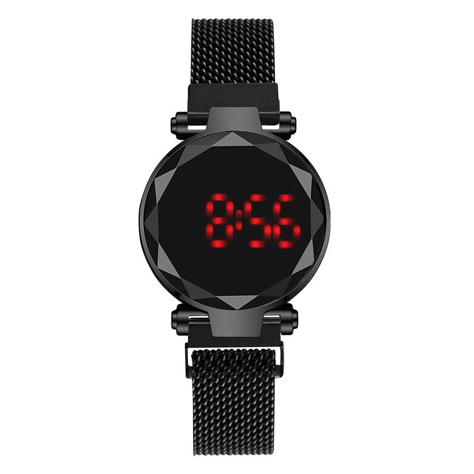 Jam Tangan Magnet LED Touch Screen Bulat Digital / Jam Tangan Wanita Korea Strap Magnet LED-36-7 Hitam