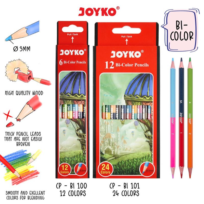 Joyko Bi-Color Pencils 24 Warna joyko color Pensil CP-Bi100 joyko color pensil CP-Bi101 joyko bi color  6 pensil warna joyko 24 warna