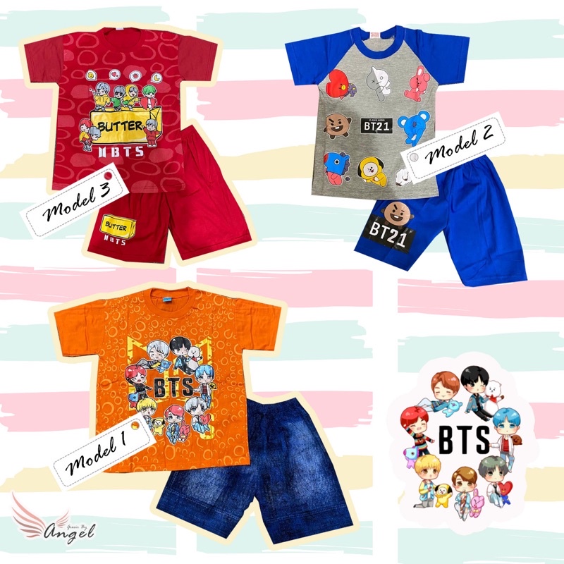Setelan baju anak laki laki dan perempuan unisex S2-10 tahun BT21 / BTS korea bahan sablonan katun