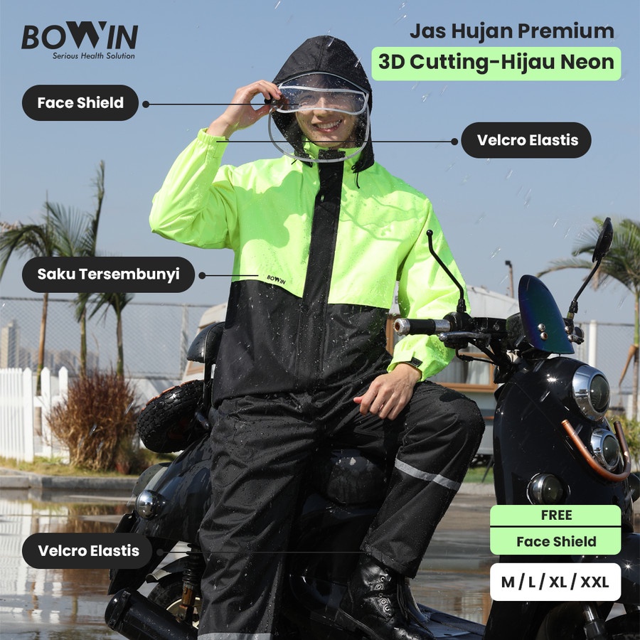 Bowin Jas Hujan Baju Celana Premium 3D Cutting + Face shiled , anti Angin dan anti Bakteri Bahan Tebal dan Premium