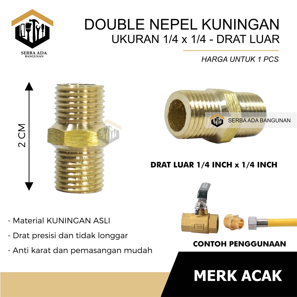 DOUBLE NAPLE NEPEL / NIPEL DRAT LUAR 1/2 &amp; 1/4 INCH SAMBUNGAN PIPA KRAN SERBAGUNA KUNINGAN STAINLE