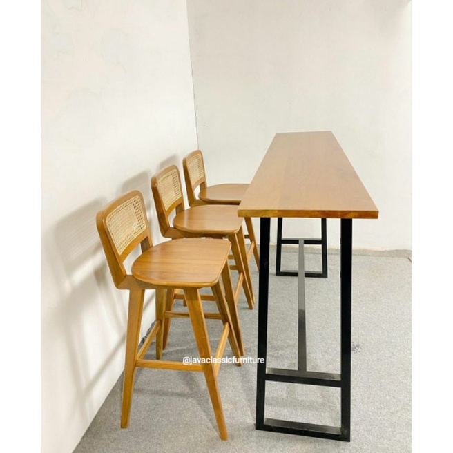 SET KURSI MEJA BAR COFFE KOPI ROTAN KAYU JATI SOLID KAKI BESI MINIMALIS VINTAGE STOOL TABLE CAFE MURAH-1