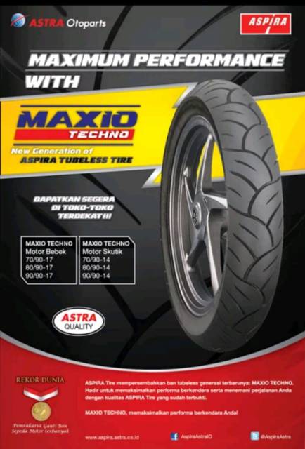 Paket Ban tubeless Maxio Techno/Rapido 70/90-14 &amp; 80/90-14 belakang for beat/mio/vario/m3