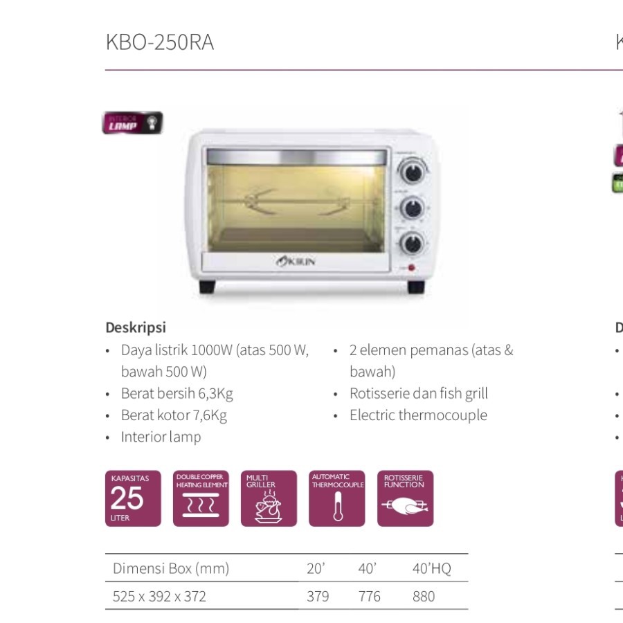 Oven Listrik Kirin 25 Liter KBO-250RA / Pemanggang Makanan