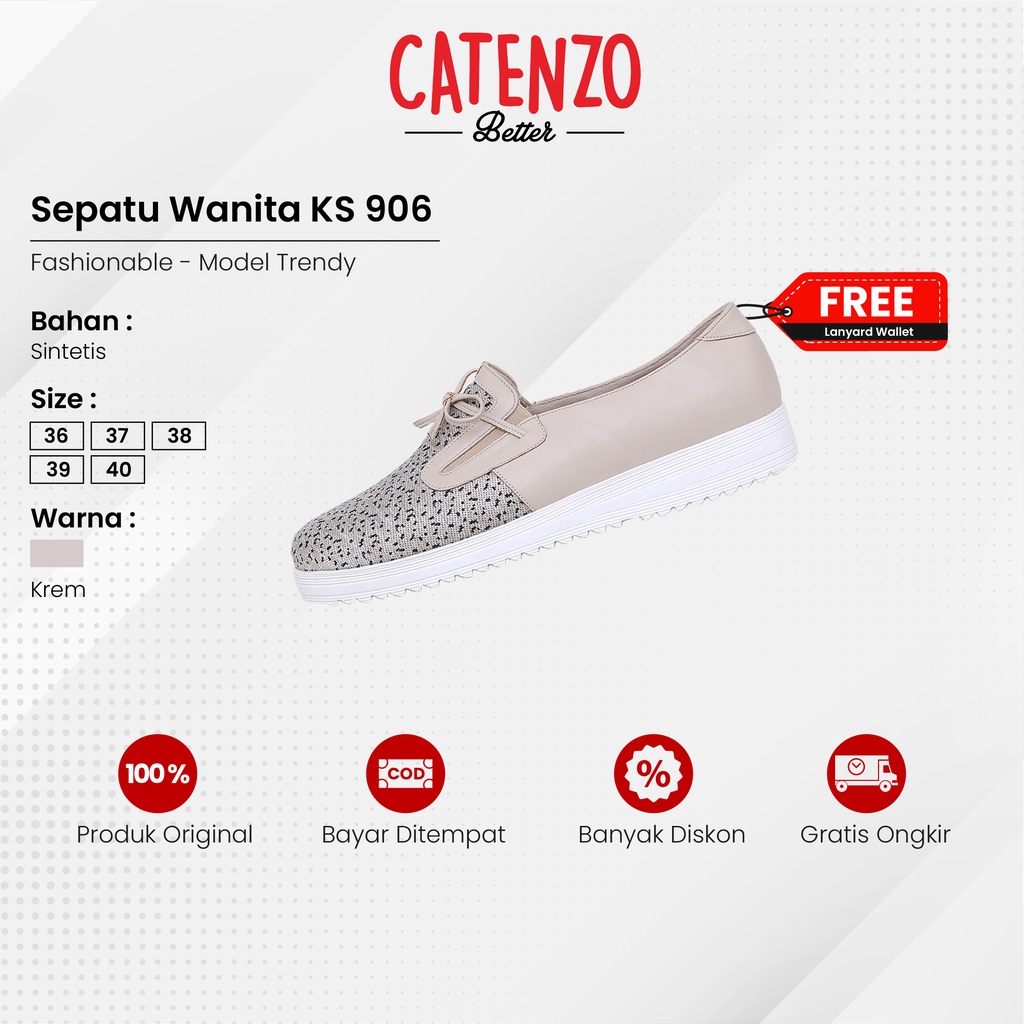 Catenzo - KS 906 Sepatu Slip on Wanita Casual Original Kulit Sinitetis Cream Sapatu Slip-On Cewek Perempuan Terlaris Original Ori Kekinian Murah Berkualitas GRATIS LANYARD WALLET-0