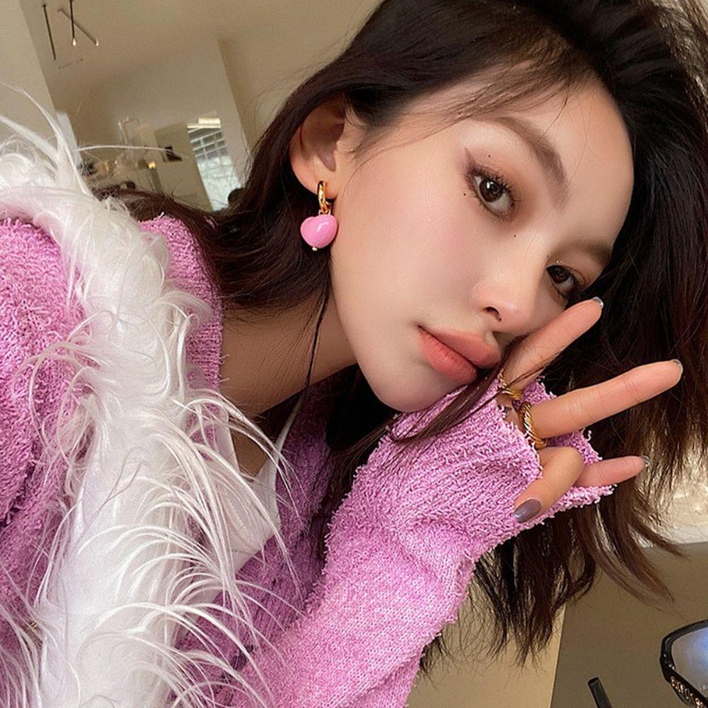 Needway  Sweet Korean Style Necklace Niche Bead Neck Chain Love Heart Earrings Necklace Design Sense Women Jewelry Clavicle Chain Great Gift Fashion Jewelry Girl Pink Heart Earrings