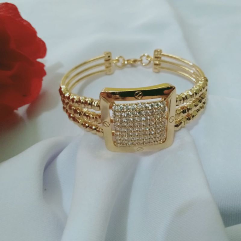 gelang banggle gelang xuping plat besar lapis mas 18k ada rantai kombinasi permata putih anti luntur