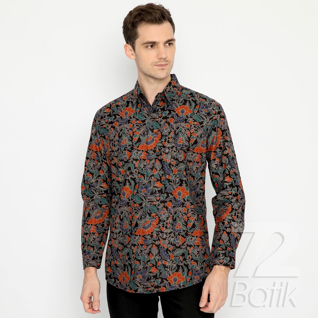 BAJU BATIK PRIA Kemeja Lengan Panjang Slimfit Slim Fit Premium Warna Hitam Orange Biru 729925 Cap 72 - Baju Kemeja Atasan Pakaian Setelan Batik Pria Cowok Laki Laki Remaja Keluarga Kantor Lengan Panjang Modern Slimfit Slim Fit Premium Kekinian